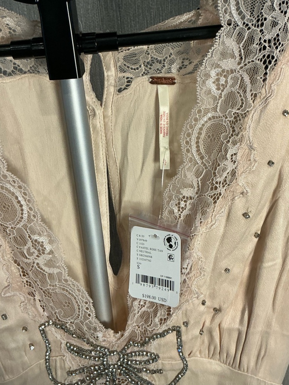 Free People Beaded Lace-Trim Slip Dress in Blush Size Small - Picture 10 of 16